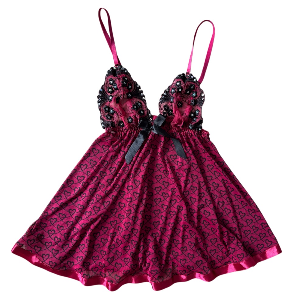 Spree Intimates Elegant Fuchsia/Pink Heart Lace Babydoll Women’s Size Small